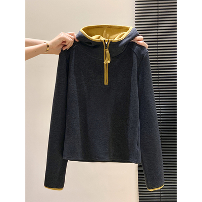 撞色半拉链连帽长袖卫衣女2025秋冬新款双面加厚德绒打底衫上衣