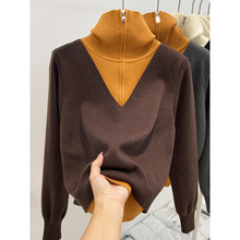 假两件撞色拼接高领半拉链长袖针织衫女冬季新款宽松休闲打底上衣