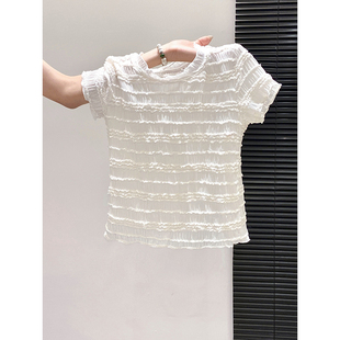 修身 新款 褶皱木耳边百搭上衣 t恤女2026夏季 甜美风荷叶边圆领短袖