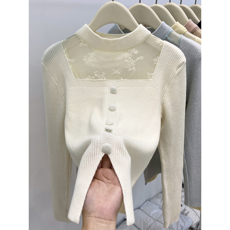 设计感蕾丝拼接半高领针织毛衣女冬季新款内搭修身显瘦打底衫上衣,女装/女士精品,毛针织衫,淘宝优惠券,粉丝福利购,淘宝优惠卷