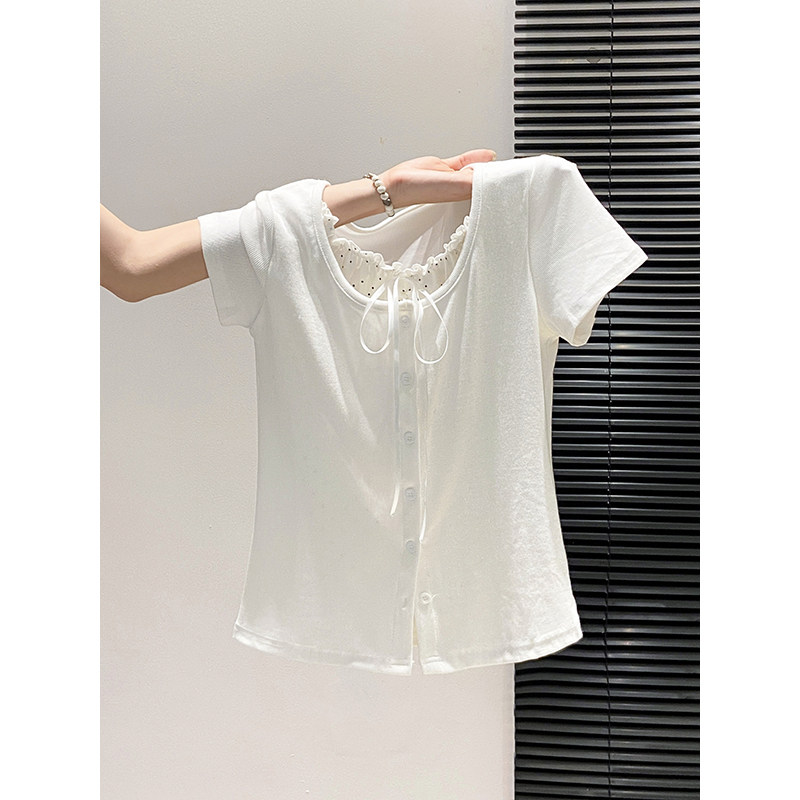 白色假两件波点蕾丝t恤女夏季新款系带纽扣修身显瘦百搭短袖上衣