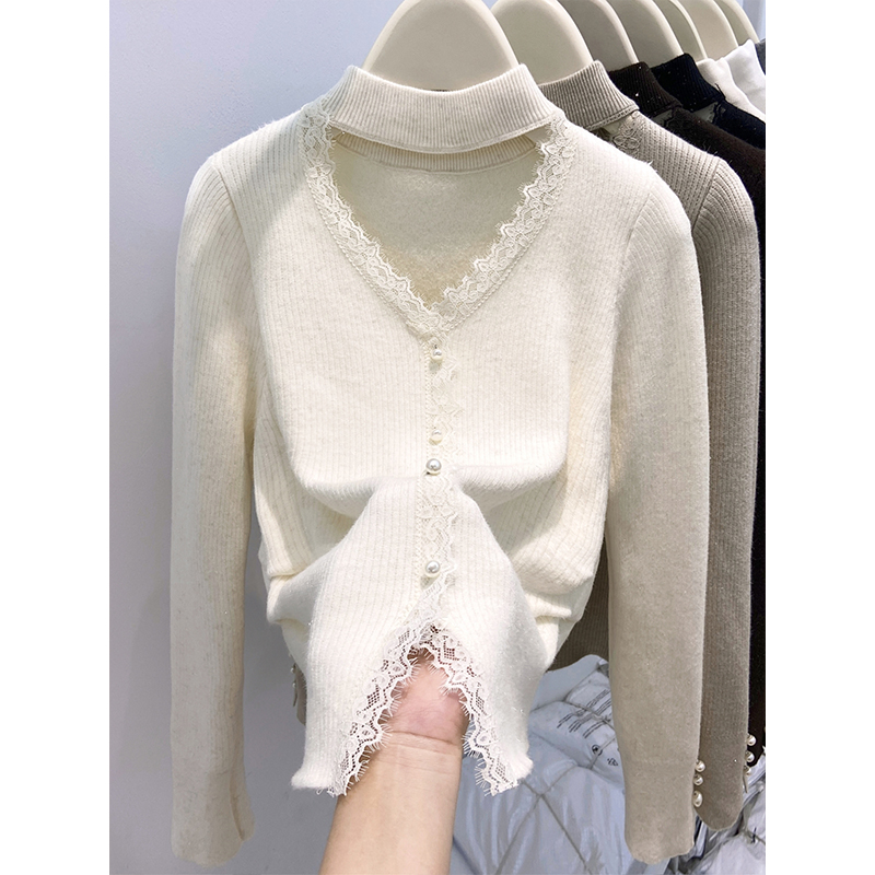法式镂空半高领蕾丝拼接长袖针织衫女加绒加厚秋冬时尚打底衫上衣