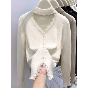 法式镂空半高领蕾丝拼接长袖针织衫女加绒加厚秋冬时尚打底衫上衣