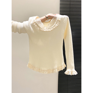 韩系蕾丝花边圆领长袖针织衫女2025冬季新款修身显瘦洋气绝美上衣