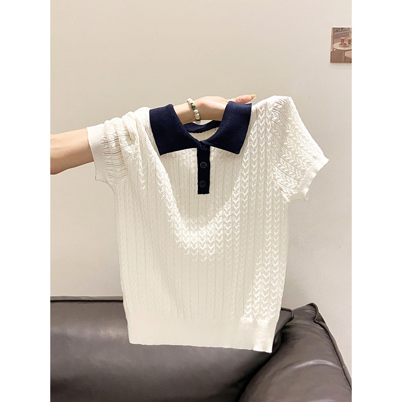 复古减龄撞色polo领针织衫女夏季新款显瘦镂空麻花肌理感短袖上衣