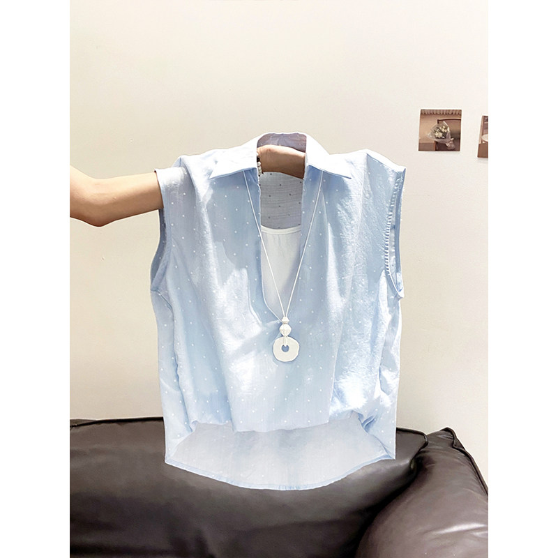 法式波点无袖衬衫女夏季新款翻领假两件宽松显瘦叠穿外搭背心上衣