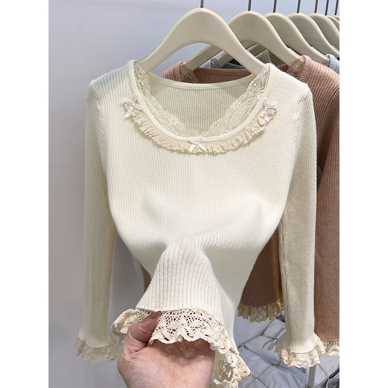 法式蕾丝花边拼接针织衫女冬季新款修身显瘦独特别致绝美小上衣