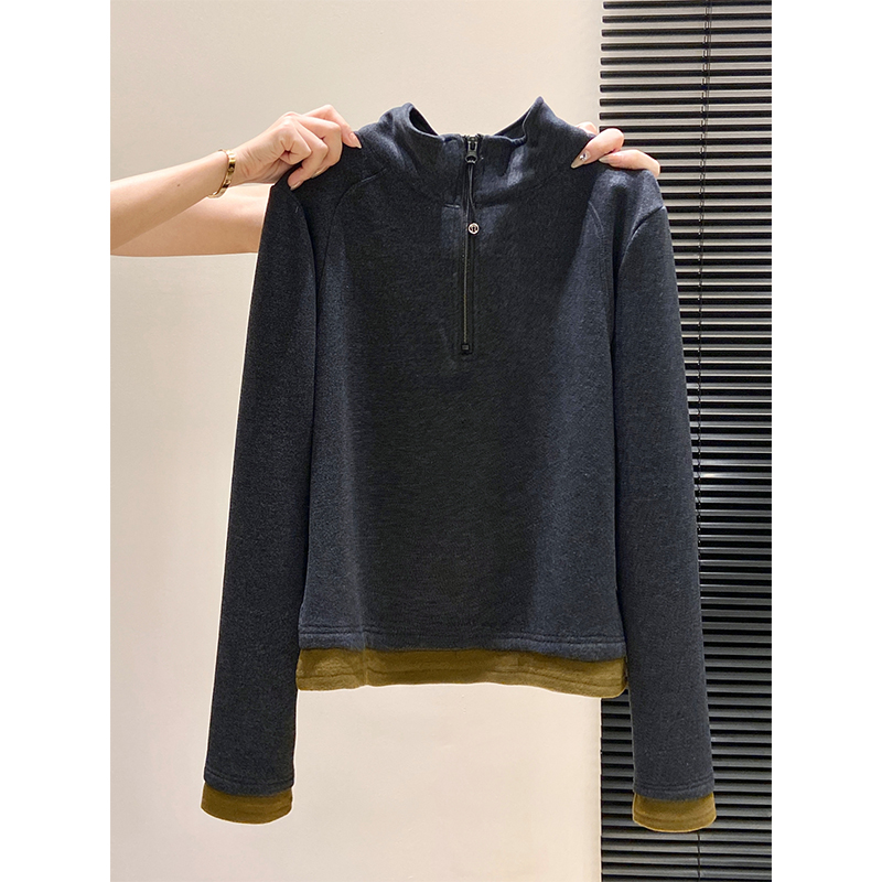 加厚双面德绒半拉链长袖打底衫女2025秋冬新款设计高级感撞色上衣