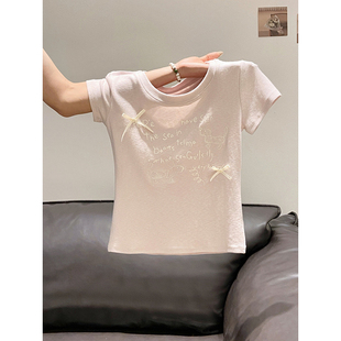 小个子甜美风印花修身 新款 上衣 t恤女2026夏季 韩系蝴蝶结减龄短袖