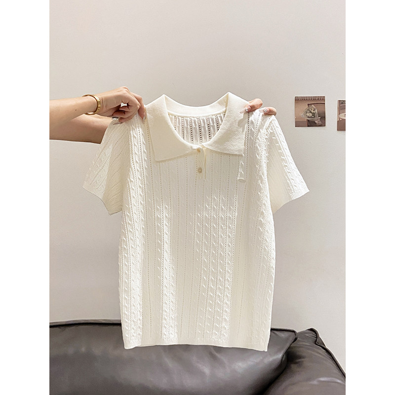 纯色基础款polo领针织衫女夏季新款韩版麻花肌理显瘦百搭短袖上衣