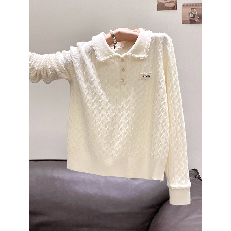 甜美减龄polo领麻花长袖针织衫女2026早春软糯修身毛衣内搭上衣