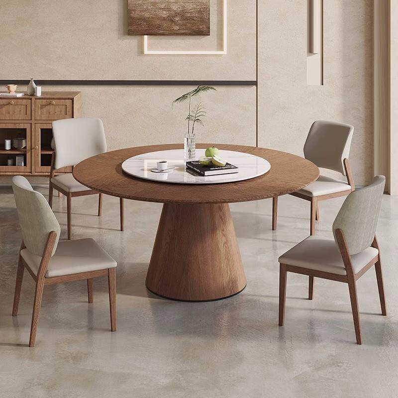 实木岩板餐桌椅组合现代简约圆形带转盘饭桌家用小户型白蜡木饭桌