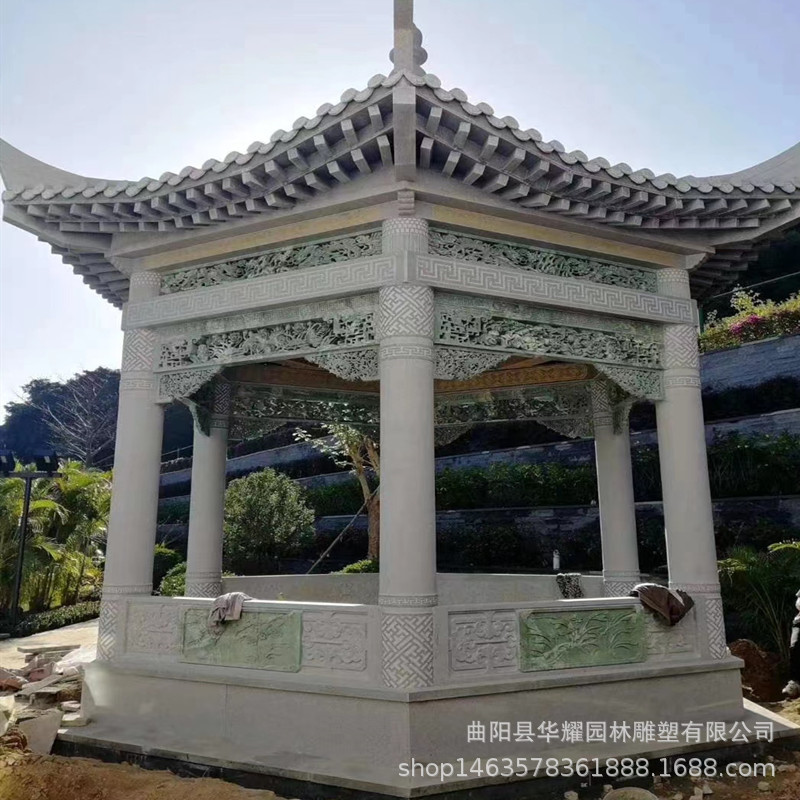 晚霞红大理石中式六角凉亭雕塑