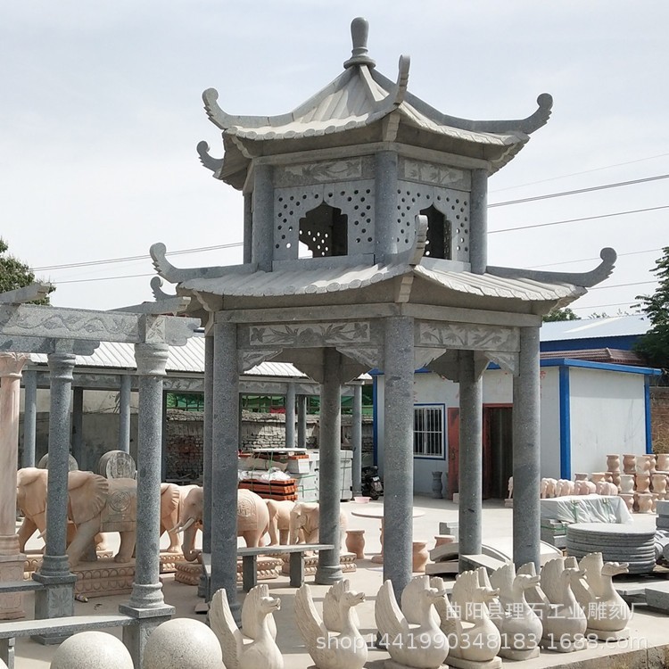 花岗岩石雕双层六角凉亭