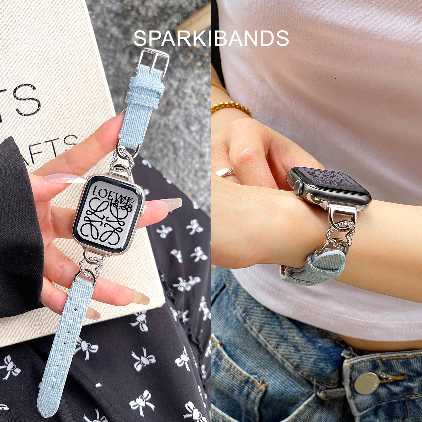 【嵌钻爱心】适用于applewatch s11苹果新款表带iwatchs9女士时尚8手表真牛皮表带SE春夏Ultra2帆布牛仔个性