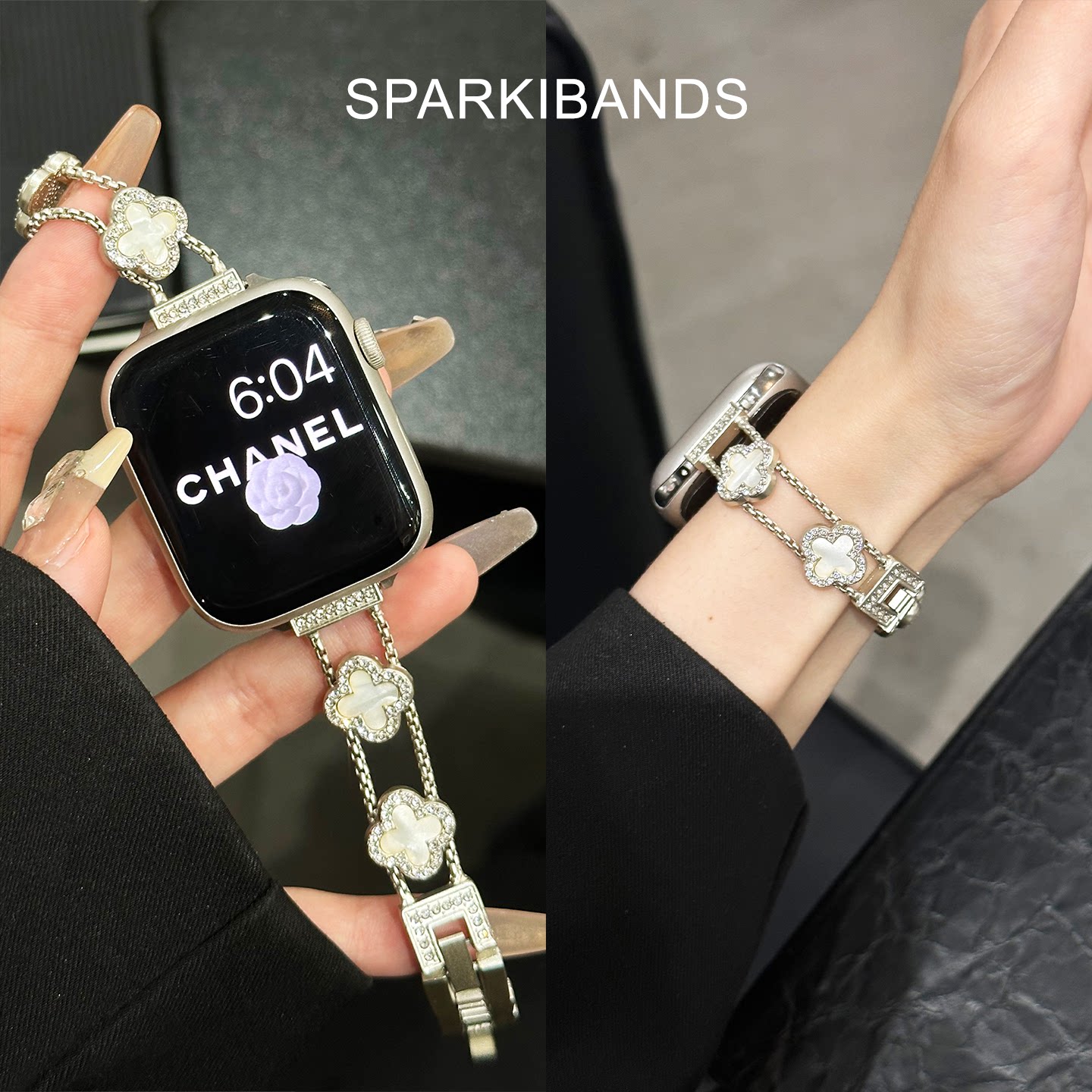 【四叶草贝母】适用于applewatch s11苹果表带iwatchs9女士新款8手表合金表带SE春夏Ultra2细款金属高级感