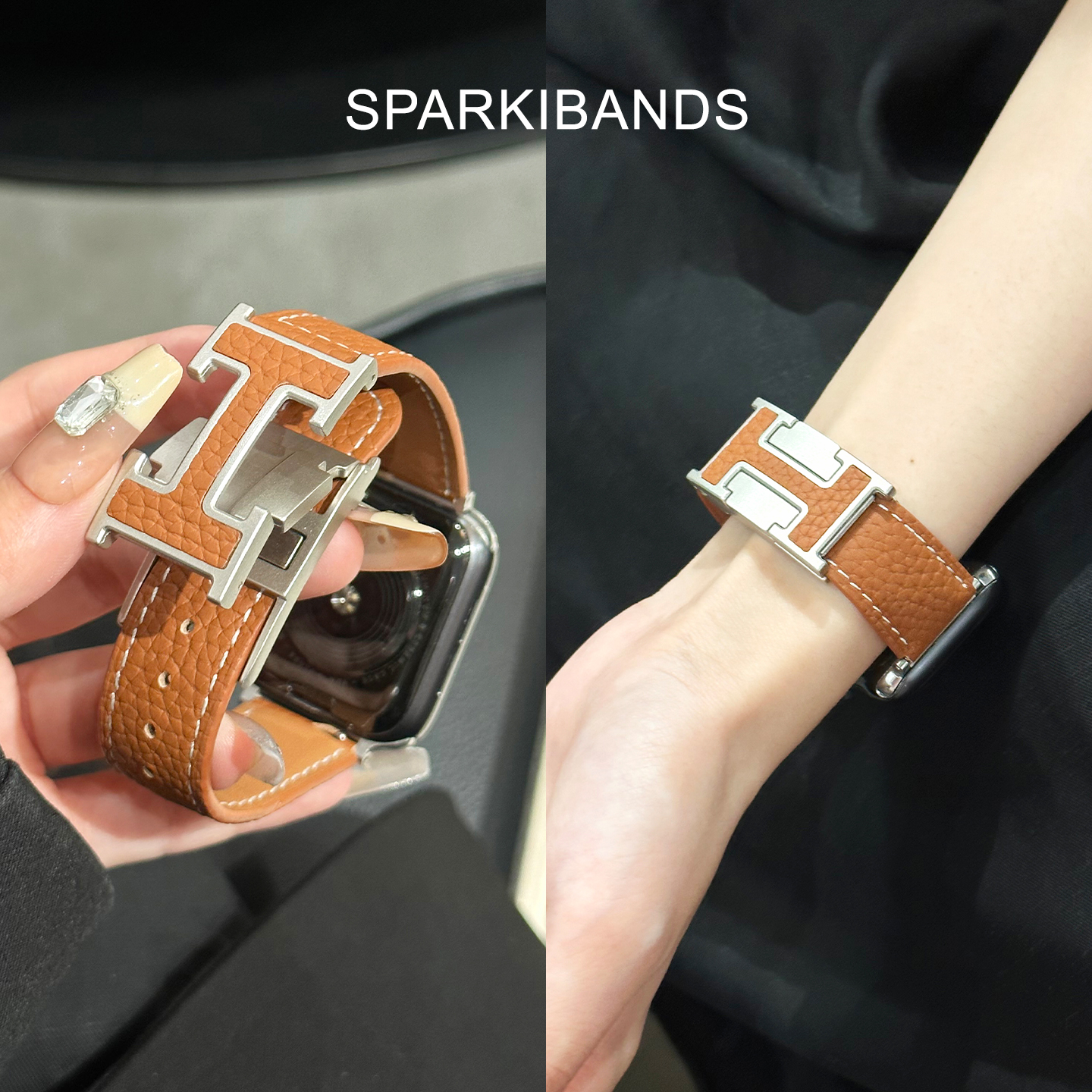 【荔枝纹】适用于applewatchs11苹果女士新款iwatchs9高级感双磁吸H型扣8手表SE真皮表带Ultra2春夏创意百搭