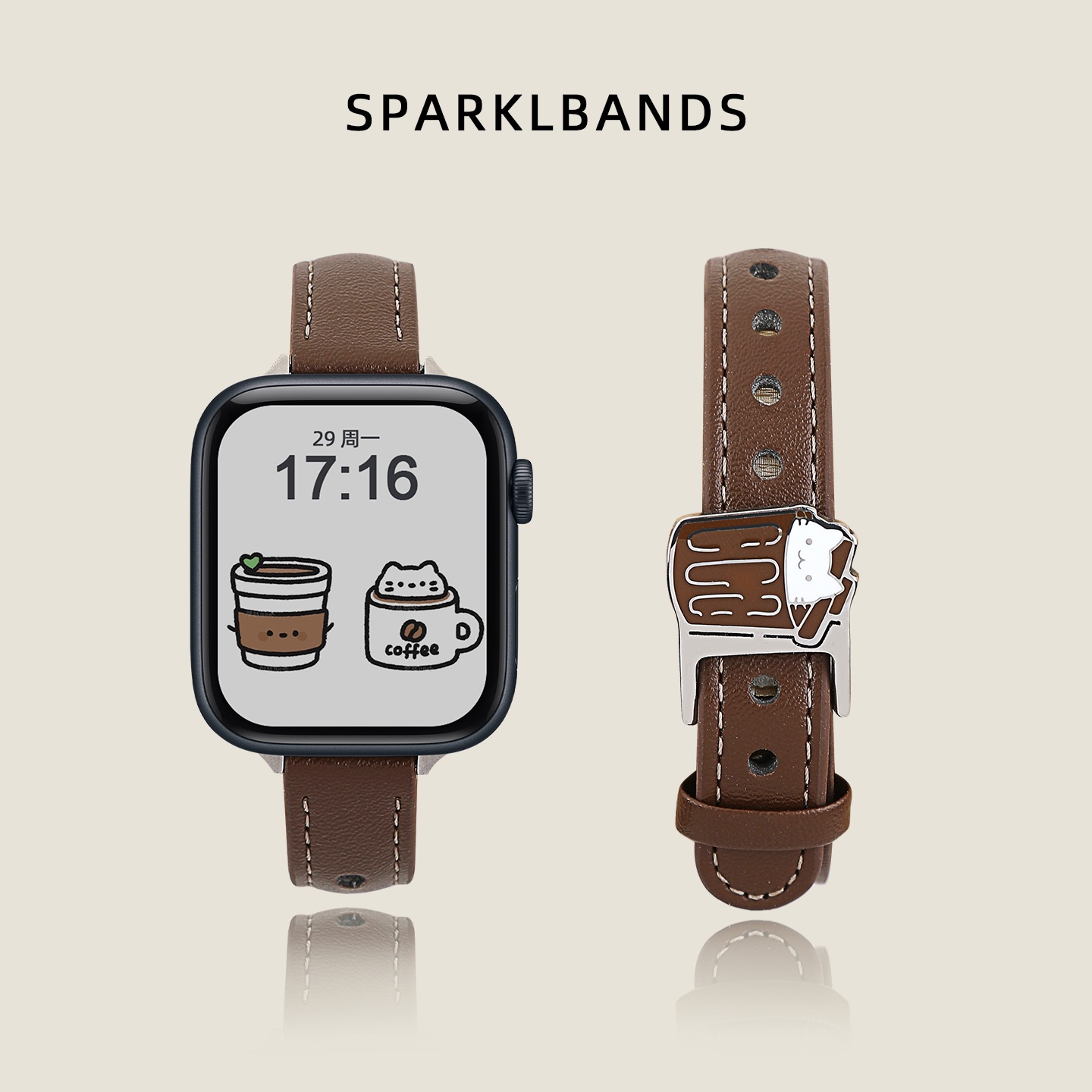 【头层牛皮】适用于applewatchs11苹果新款iwatchs9创意8手表表带SE拼色Ultra2春夏杯子小猫金属钉扣真皮质女