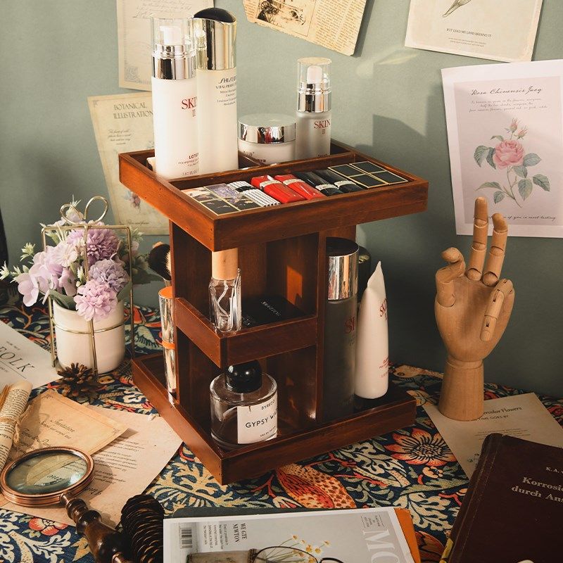 复古可旋转木质化妆品收纳盒桌面梳妆台护K肤品口红整理置物架分,收纳整理,桌面收纳盒,淘宝优惠券,粉丝福利购,淘宝优惠卷