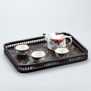 竹编日式大漆复仿k古双层食盒收纳筐茶点干果盘提篮茶道托盘插花