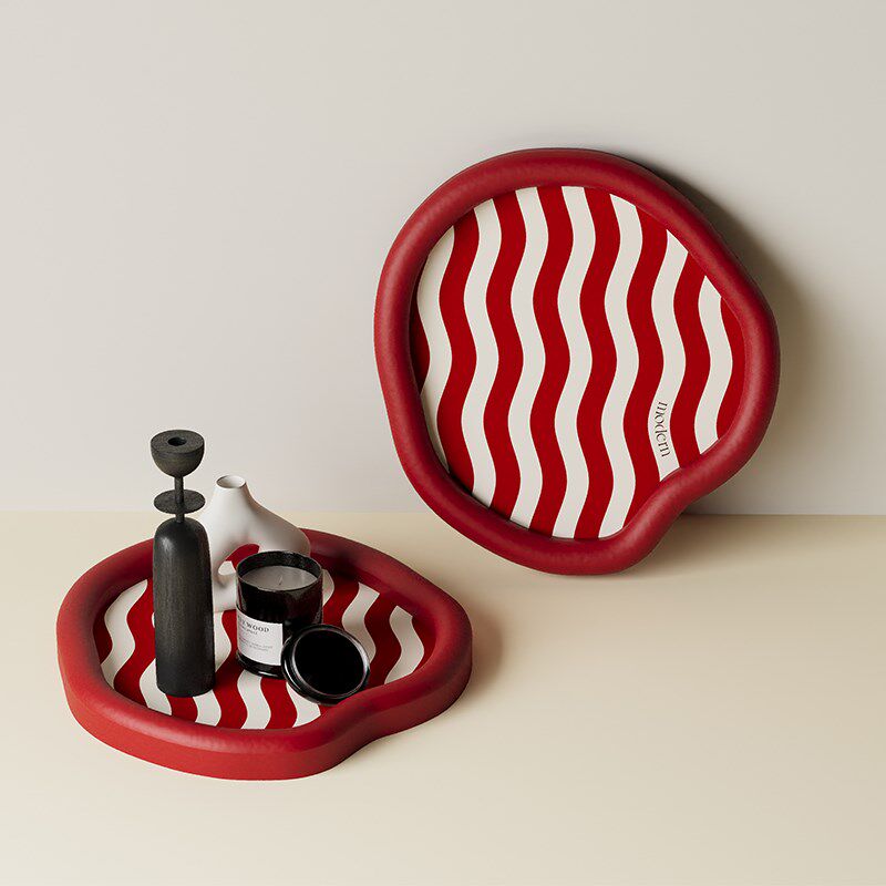 条纹高级皮质g化妆品书桌置物盘轻奢高档托盘入户玄关钥匙收纳摆