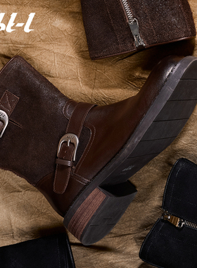 ABT-L【关晓彤同款】摩登西部骑士靴中筒靴显瘦短靴女秋冬季靴子