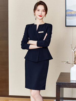 藏青色职业套装女秋时尚气质西装套裙两件套酒店经理珠宝店工作服