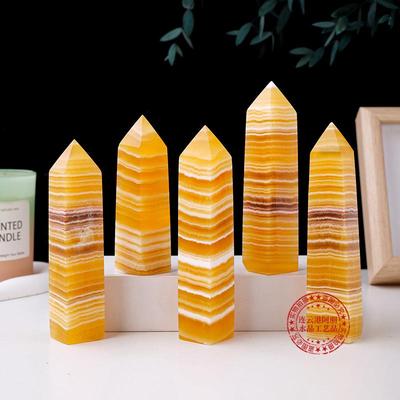 天然水晶黄方解石单尖四棱柱原石打磨黄冰州消磁能量石柱摆件