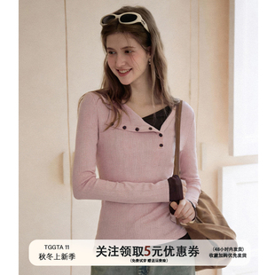 TGGTA11粉色假两件长袖t恤女秋冬正肩内搭针织打底衫短款修身上衣
