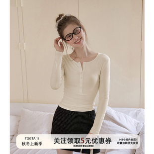 TGGTA11杏色亨利领针织长袖上衣女秋冬加厚加绒修身内搭打底衫t恤