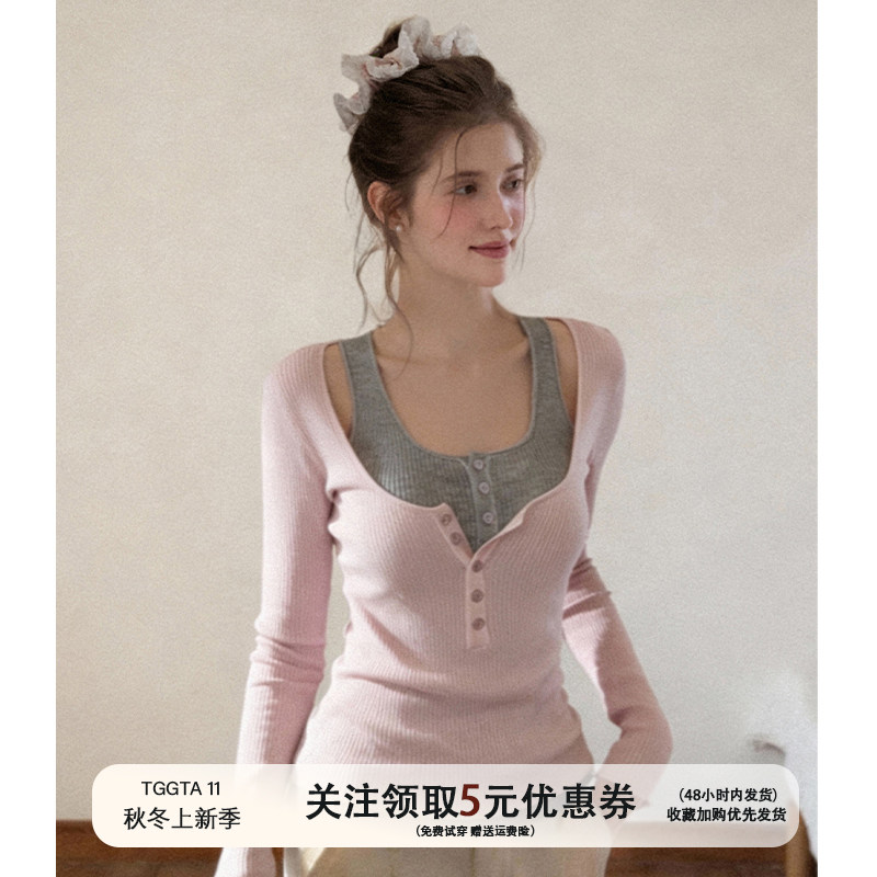 TGGTA11粉色假两件长袖针织衫t恤女秋冬亨利领内搭打底衫修身上衣,女装/女士精品,毛针织衫,淘宝优惠券,粉丝福利购,淘宝优惠卷