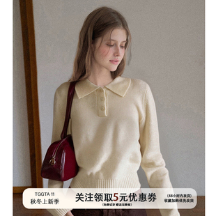 TGGTA11杏色polo领羊绒毛衣女冬季短款针织衫内搭长袖打底衫上衣