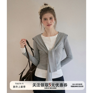 TGGTA灰色披肩假两件长袖t恤女春季设计感内搭打底衫短款修身上衣