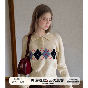 TGGTA11杏色菱格polo领针织衫女秋冬羊绒毛衣短款长袖打底衫上衣