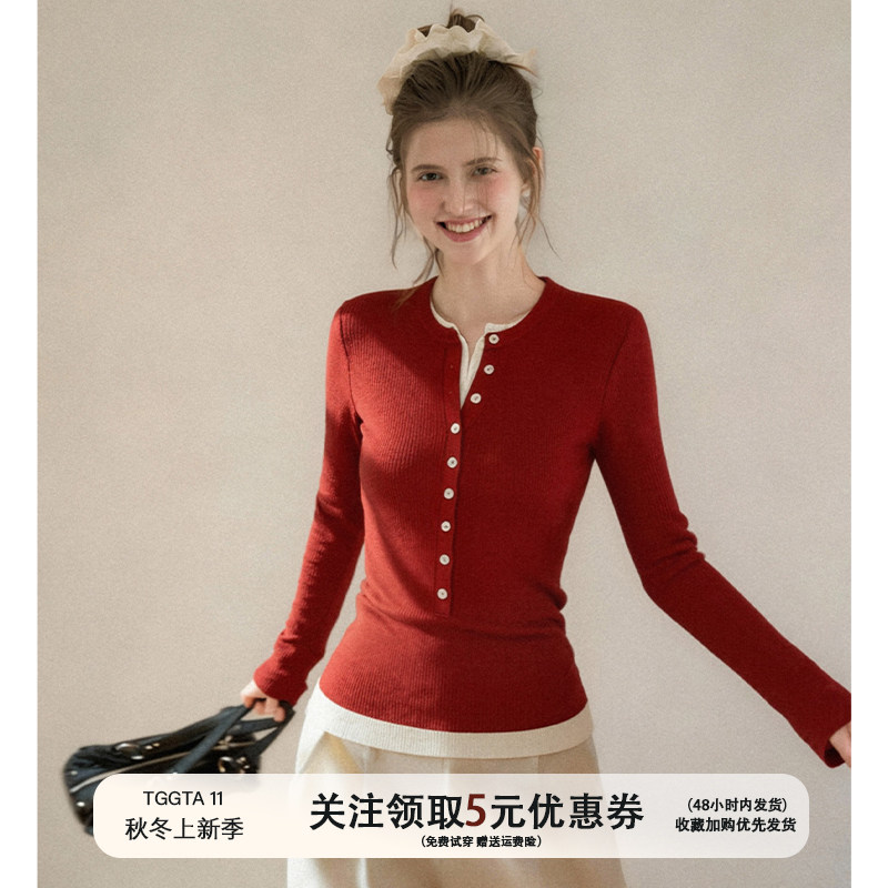 TGGTA新年红色假两件针织衫女秋冬亨利领毛衣长袖内搭打底衫上衣