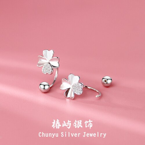S999纯银四叶草耳钉女养耳洞耳骨