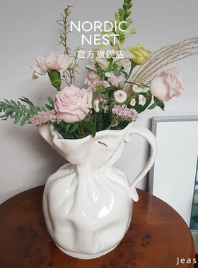 Byon褶皱花瓶16cm高级感奶油风不规则客厅桌面插花摆件餐厅装饰