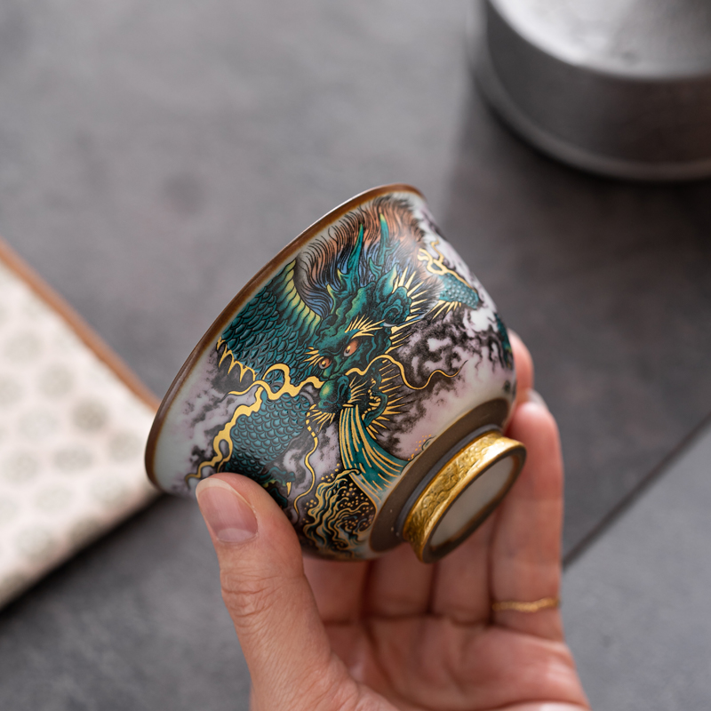 999鎏银纯手工鎏银墨彩青龙主人专用小品陶瓷茶杯主人杯高档茶具