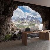 3D立体视觉延伸墙纸酒店民宿餐厅森林岩洞壁布山洞大自然风景壁画