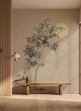 中式水墨竹子墙纸竹林电视背景墙布壁画线描山水客厅壁纸装饰墙布