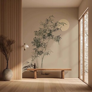 中式水墨竹子墙纸竹林电视背景墙布壁画线描山水客厅壁纸装饰墙布