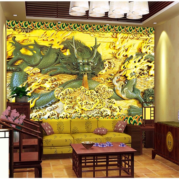 玉雕青龙玄关纸壁纸立体浮雕墙纸