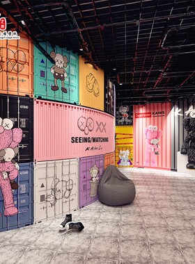 网红彩色集装箱墙纸手绘kaws潮牌背景街舞室健身房墙布奶茶店打卡