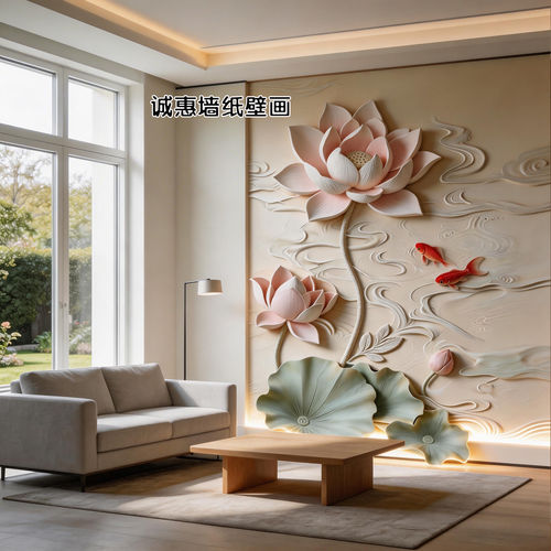 精诚定制3D立体荷花祥云壁画