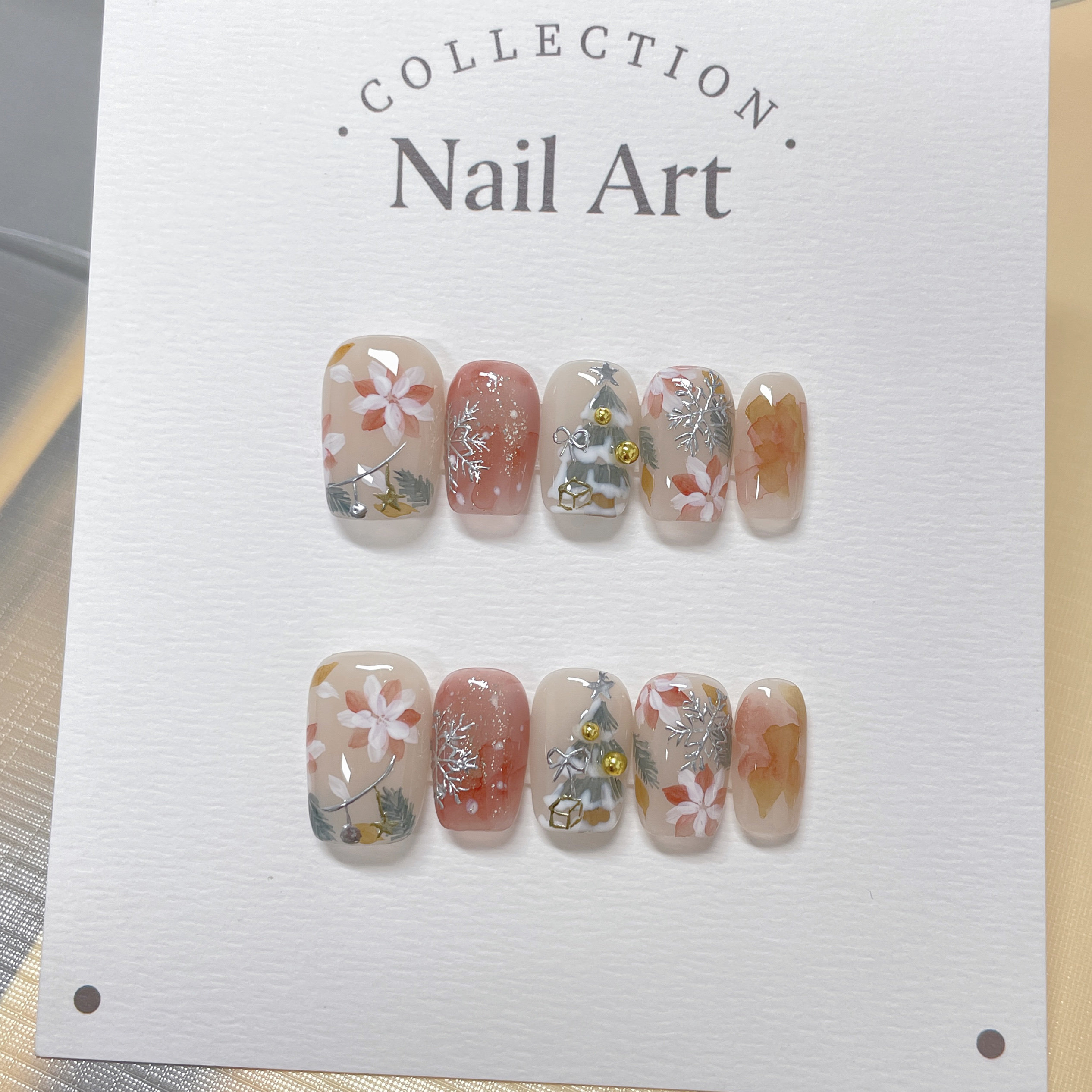 【叮铃叮】圣诞树一路繁花手绘晕染显白风纯手工甲片高级穿戴甲,彩妆/香水/美妆工具,穿戴甲/甲片,淘宝优惠券,粉丝福利购,淘宝优惠卷