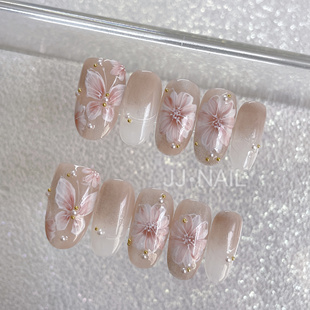 【蔷薇】手工穿戴甲粉色温柔显白爆闪钻石春日美甲