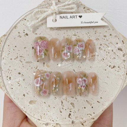 【赤壁怀古】3D玫瑰花穿戴甲裸色渐变金箔装饰美甲贴片