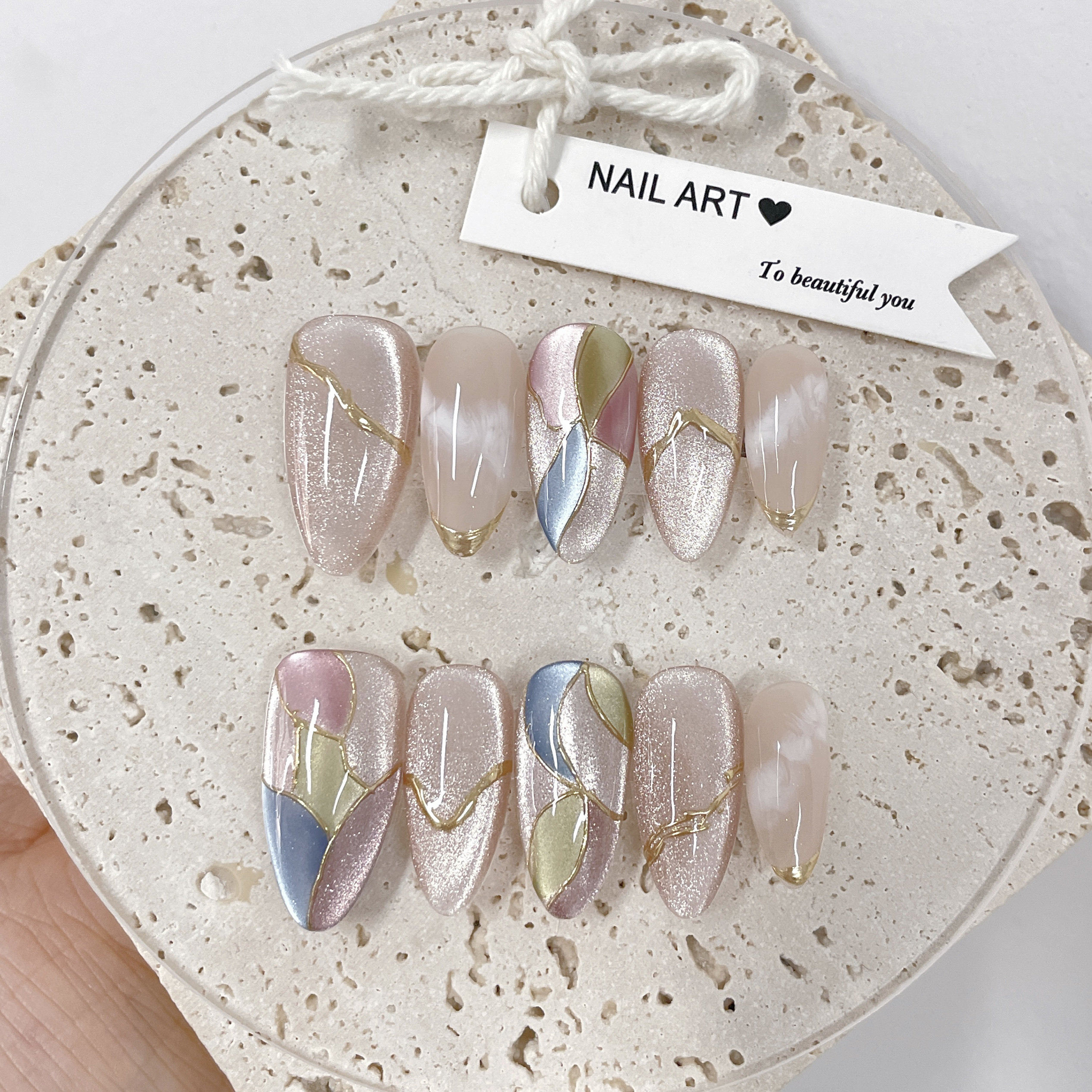 【雾销】法式金色飘带猫眼显白纯手工穿戴甲新款高级美甲nails,彩妆/香水/美妆工具,穿戴甲/甲片,淘宝优惠券,粉丝福利购,淘宝优惠卷