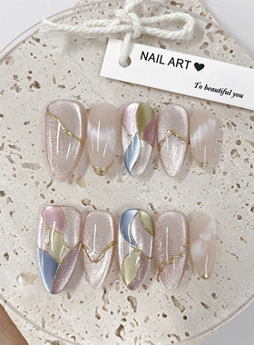 【雾销】法式金色飘带猫眼显白纯手工穿戴甲新款高级美甲nails