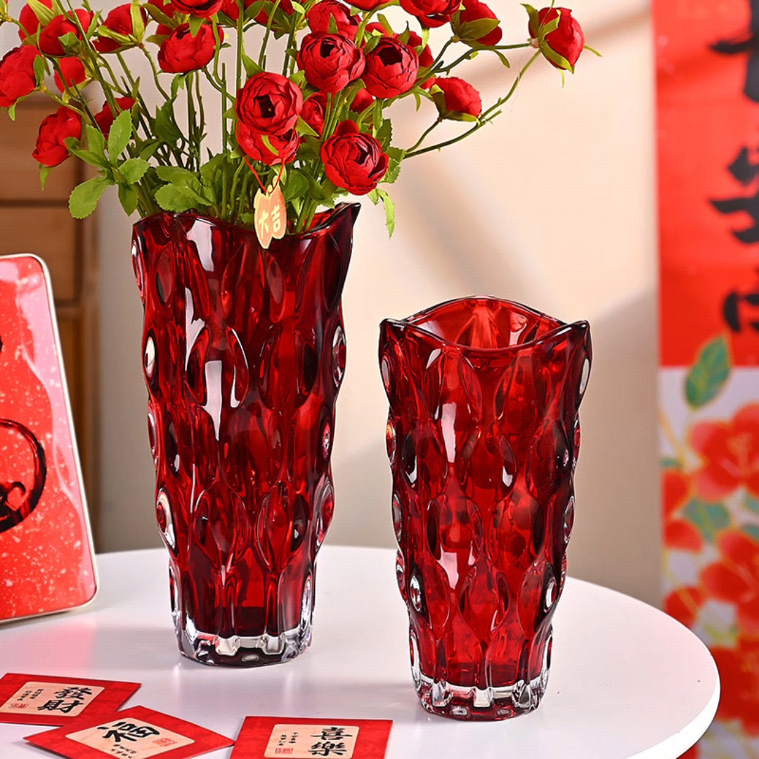 2025年红色花瓶轻奢高级感花瓶摆件客厅插花花瓶玫瑰花喜庆插雪柳
